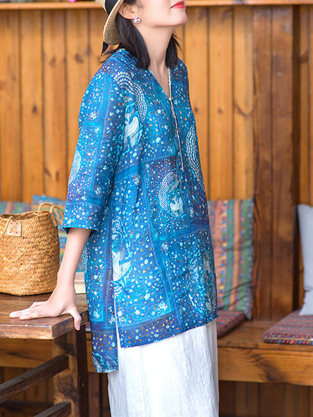 女性の芸術的なプリントボタンレースワークスプライススプリットヘムラミーシャツ