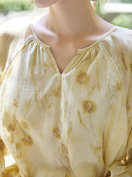 女性の芸術的な夏の花の巾着レースワーク V ネックドレス