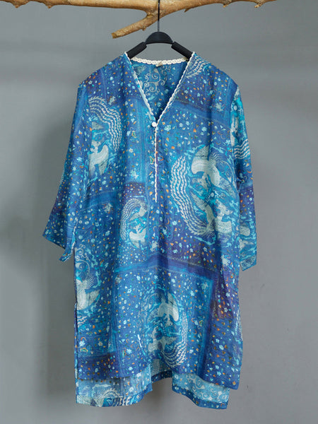 女性の芸術的なプリントボタンレースワークスプライススプリットヘムラミーシャツ