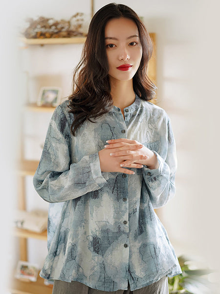 女性の春の中国風プリントラミーシャツ