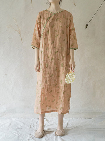 女性中国風葉カエルロングリネンローブドレス