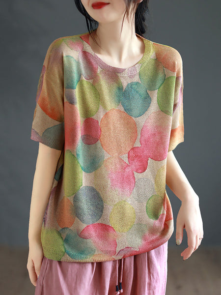 女性の芸術的な夏のフラワープリントルーズOネックシャツ