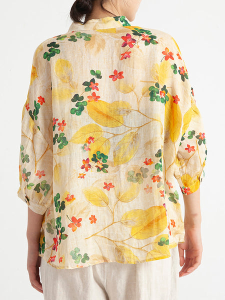 プラスサイズの花柄ヴィンテージ女性夏ルーズシャツ
