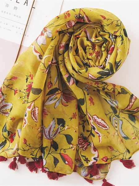 春の黄色の花柄日焼け止めスカーフ