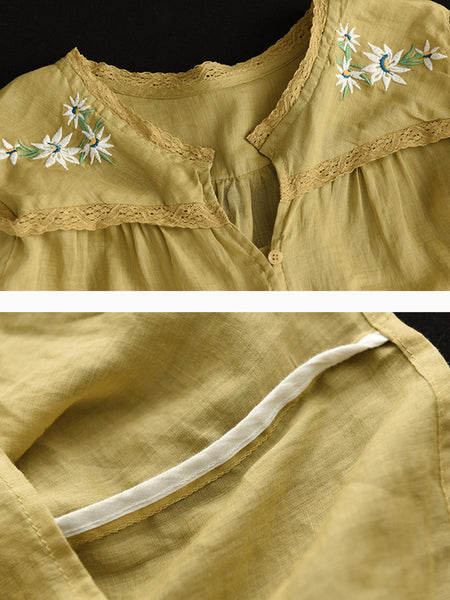刺繍リネンカジュアル夏の女性のシャツ