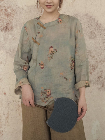 女性春中国風プリントカエルラミーシャツ