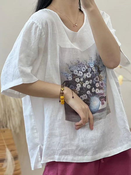 女性の芸術的なフラワープリントスプリットヘムルーズリネンシャツ