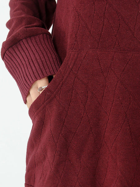 プラスサイズ - ニットポケット長袖セーターマキシドレス
