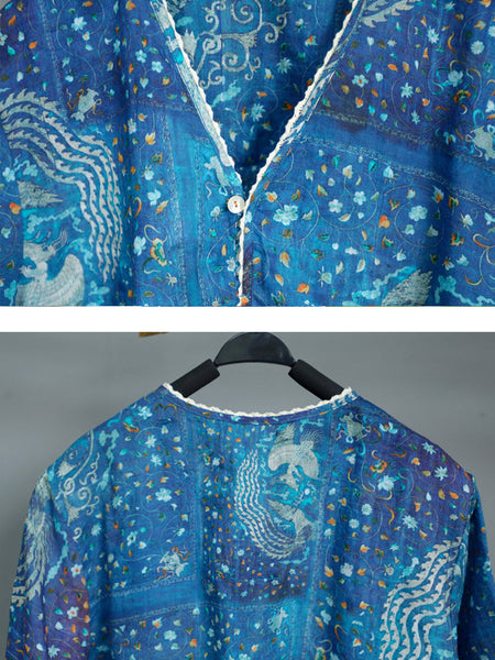 女性の芸術的なプリントボタンレースワークスプライススプリットヘムラミーシャツ