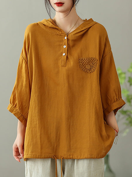 女性カジュアルソリッド刺繍巾着裾フード付きシャツ