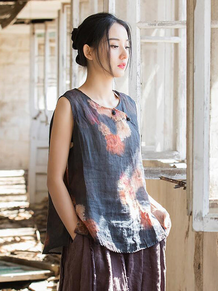 女性夏のレトロな花ボタンラミーベスト