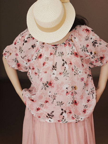 女性夏の芸術的な花巾着ルーズラミーシャツ