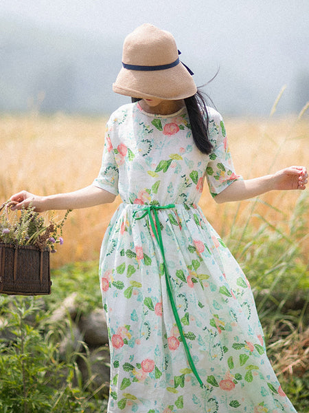 女性の芸術的なフラワー巾着プリーツ O ネックラミードレス