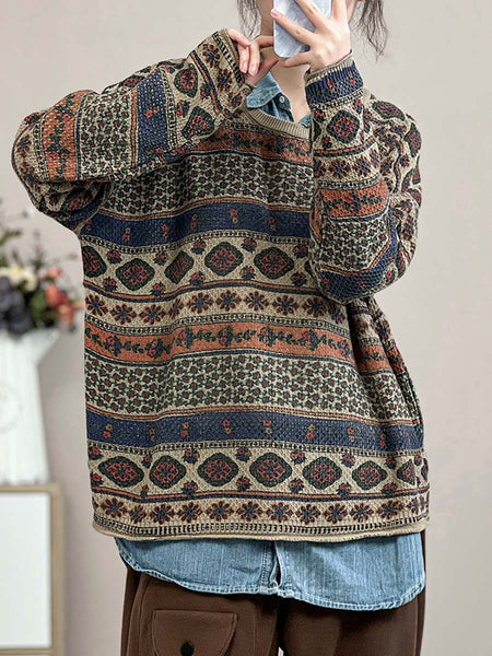 女性ヴィンテージ春ニットプリントルーズセーター