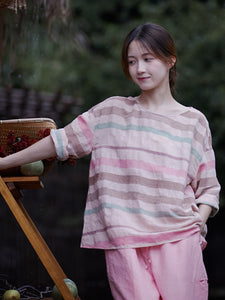 女性の夏のカジュアルストライププルオーバールーズピンクシャツ