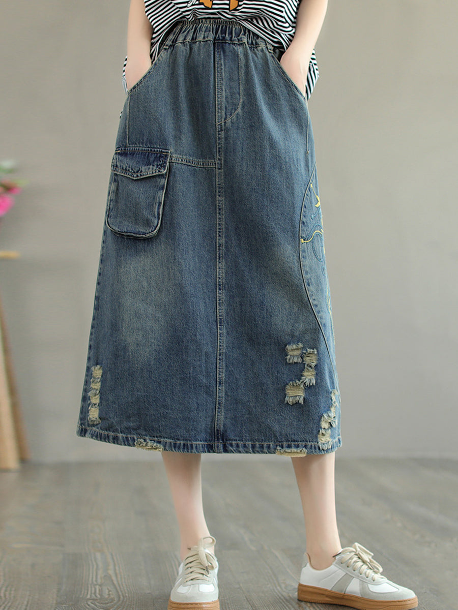 女性の夏のカジュアルなダメージ加工ポケット刺繍スカート