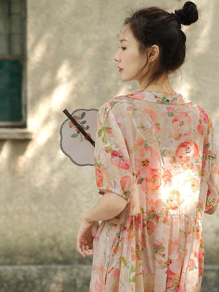 女性中国ヴィンテージ夏花ボタンルーズドレス