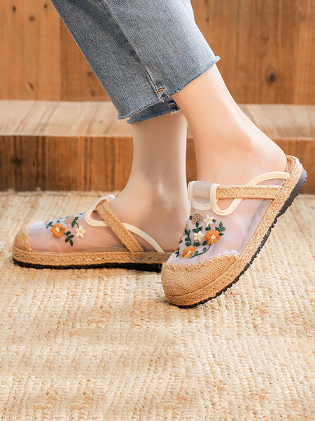 女性の夏のわら刺繍の花の靴