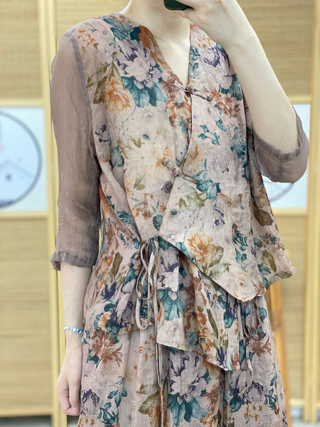 女性ヴィンテージ花柄巾着ボタンスプライスシャツ+スカート