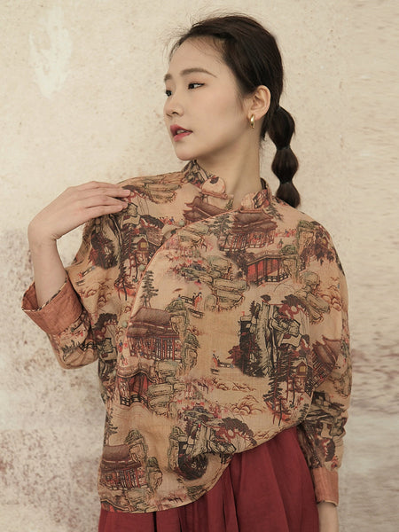 女性中国風プリントカエルスプライスルーズシャツ