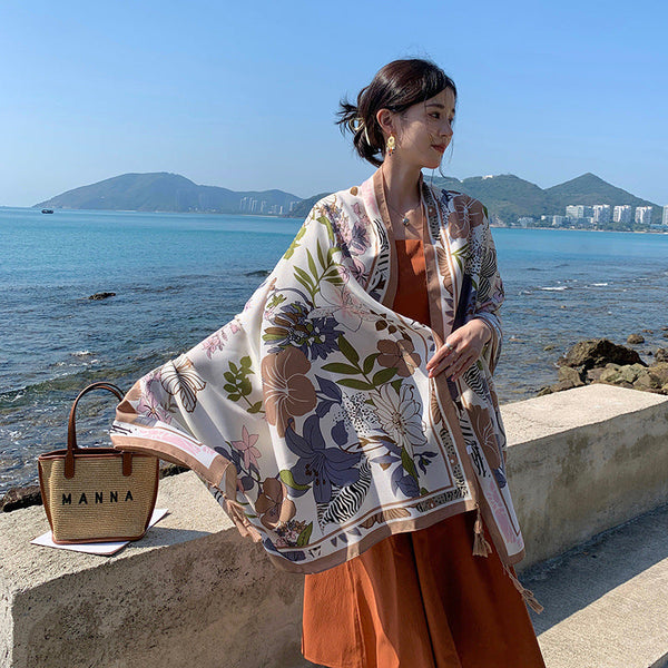 女性の夏の旅行フラワー日焼け止めショールスカーフ