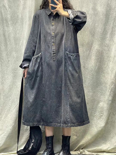プラスサイズの女性の春のレトロなポケットボタンルーズデニムドレス