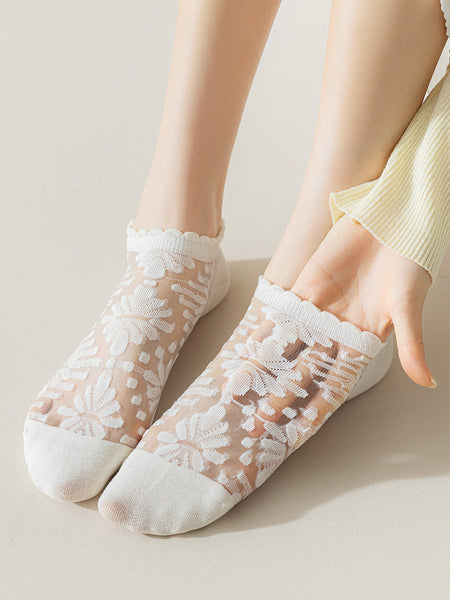 5 組の女性の夏日本スタイルのジャカードソリッドソックス