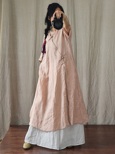 女性夏ソリッドボタン薄いラミーローブドレス