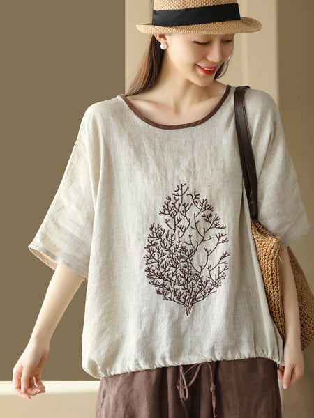 女性夏のヴィンテージツリー刺繍リネンシャツ
