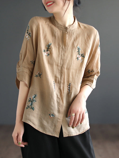 女性夏の芸術的な刺繍ラミー シャツ