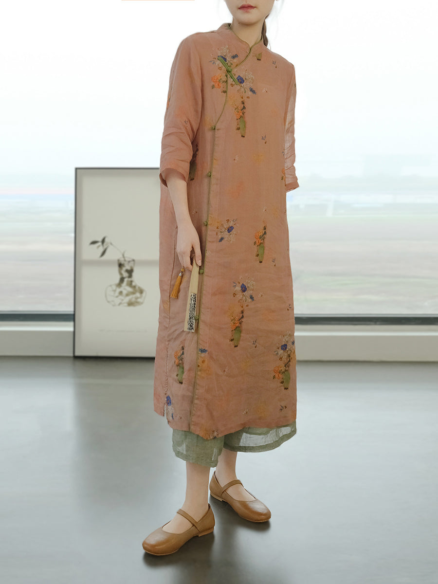 女性ヴィンテージサマーフラワープリントカエルローブドレス