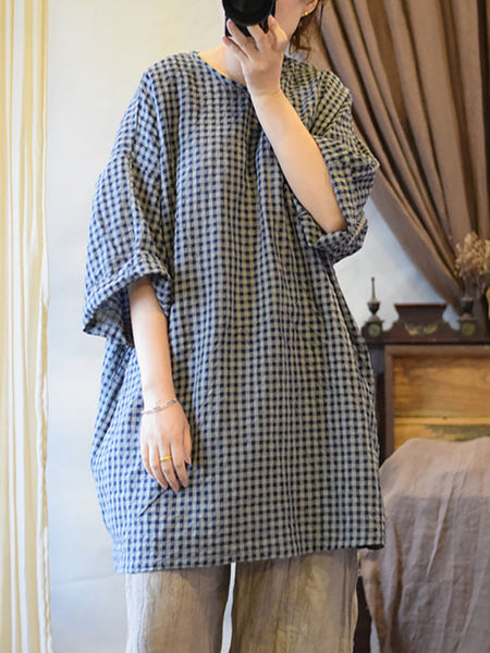 女性の夏の中国風のチェック柄ロングリネンシャツ