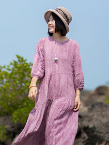 女性の夏のヴィンテージステッチプリーツソリッドドレス