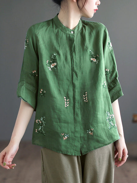 女性夏の芸術的な刺繍ラミー シャツ