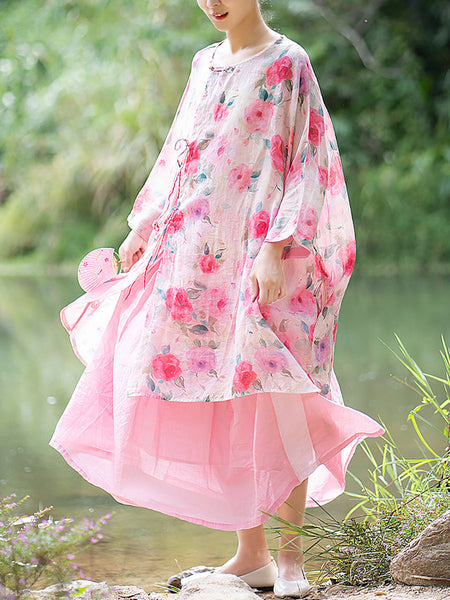 女性夏芸術家気フラワー巾着ボタンロングシャツ