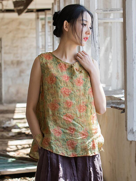 女性夏のレトロな花ボタンラミーベスト