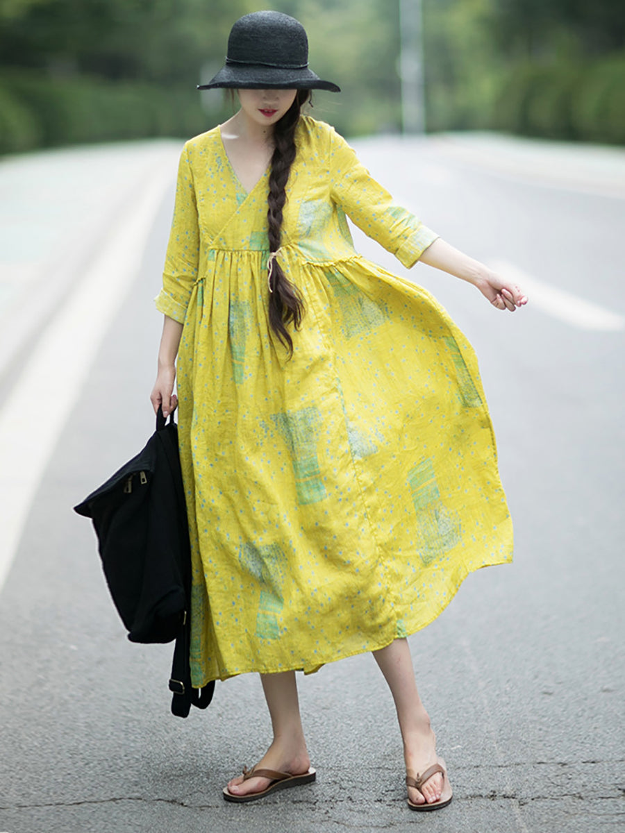 女性夏のプレーリーシックなドット V ネックプリーツルーズドレス