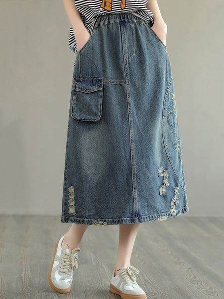女性の夏のカジュアルなダメージ加工ポケット刺繍スカート