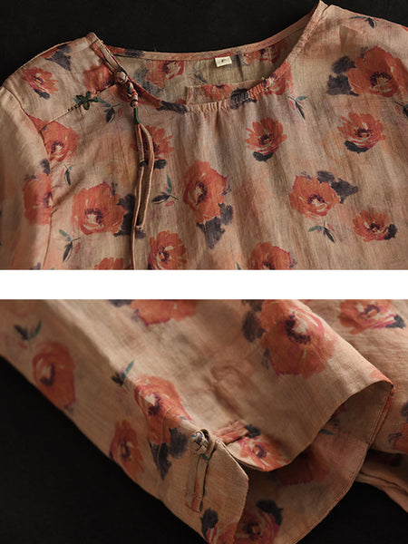 女性レトロプリント巾着カエルルーズラミーシャツ