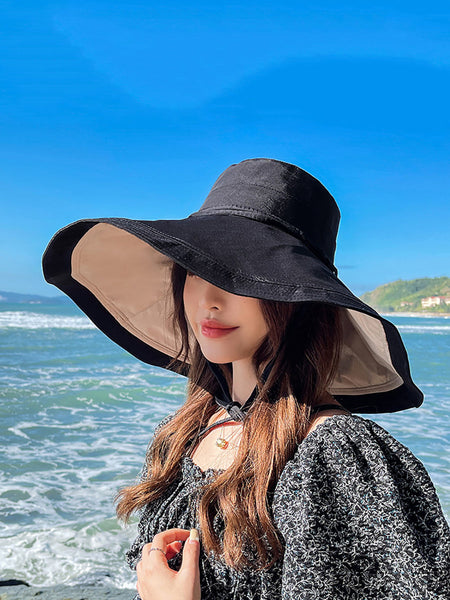 女性カジュアルソリッドつばの大きい旅行日焼け防止帽子