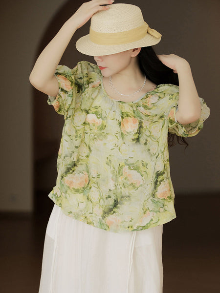 女性夏の芸術的な花巾着ルーズラミーシャツ