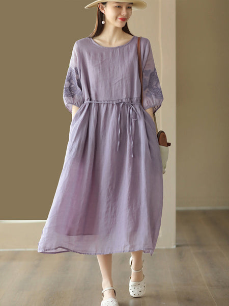 女性の夏のソリッド巾着刺繍ポケット二層ドレス
