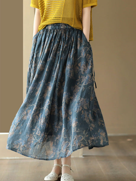 女性夏の芸術的な花柄巾着ルーズラミースカート