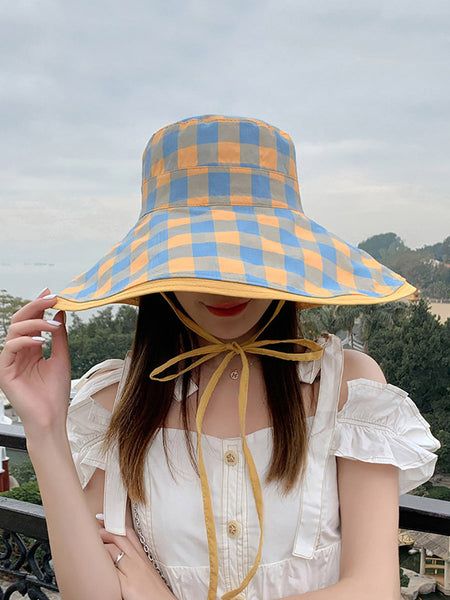 女性ファッションチェック柄巾着旅行日焼け防止帽子