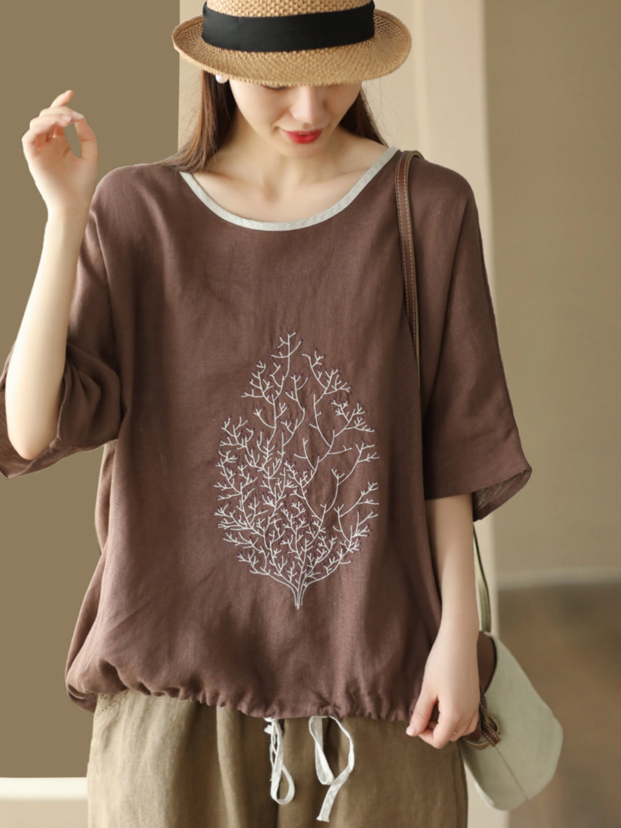 女性夏のヴィンテージツリー刺繍リネンシャツ