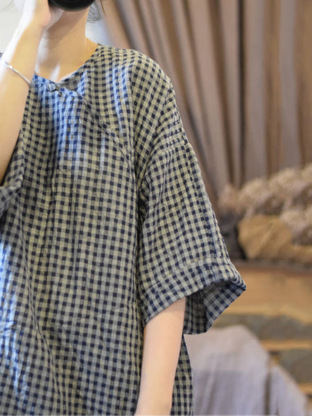 女性の夏の中国風のチェック柄ロングリネンシャツ