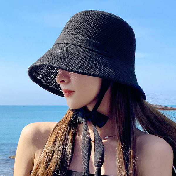 女性の夏の旅行日焼け防止巾着固体麦わら帽子
