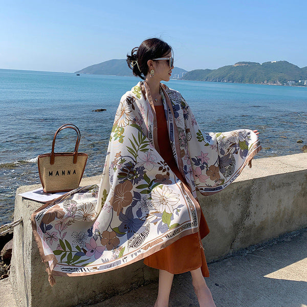 女性の夏の旅行フラワー日焼け止めショールスカーフ