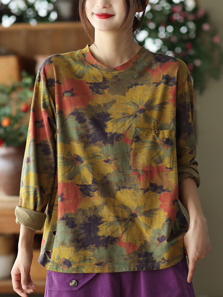 女性のヴィンテージプリントプルオーバールーズTシャツ