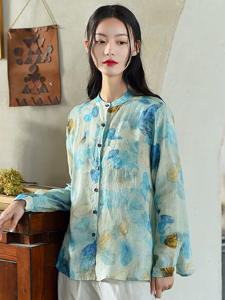女性の春の中国風プリントラミーシャツ